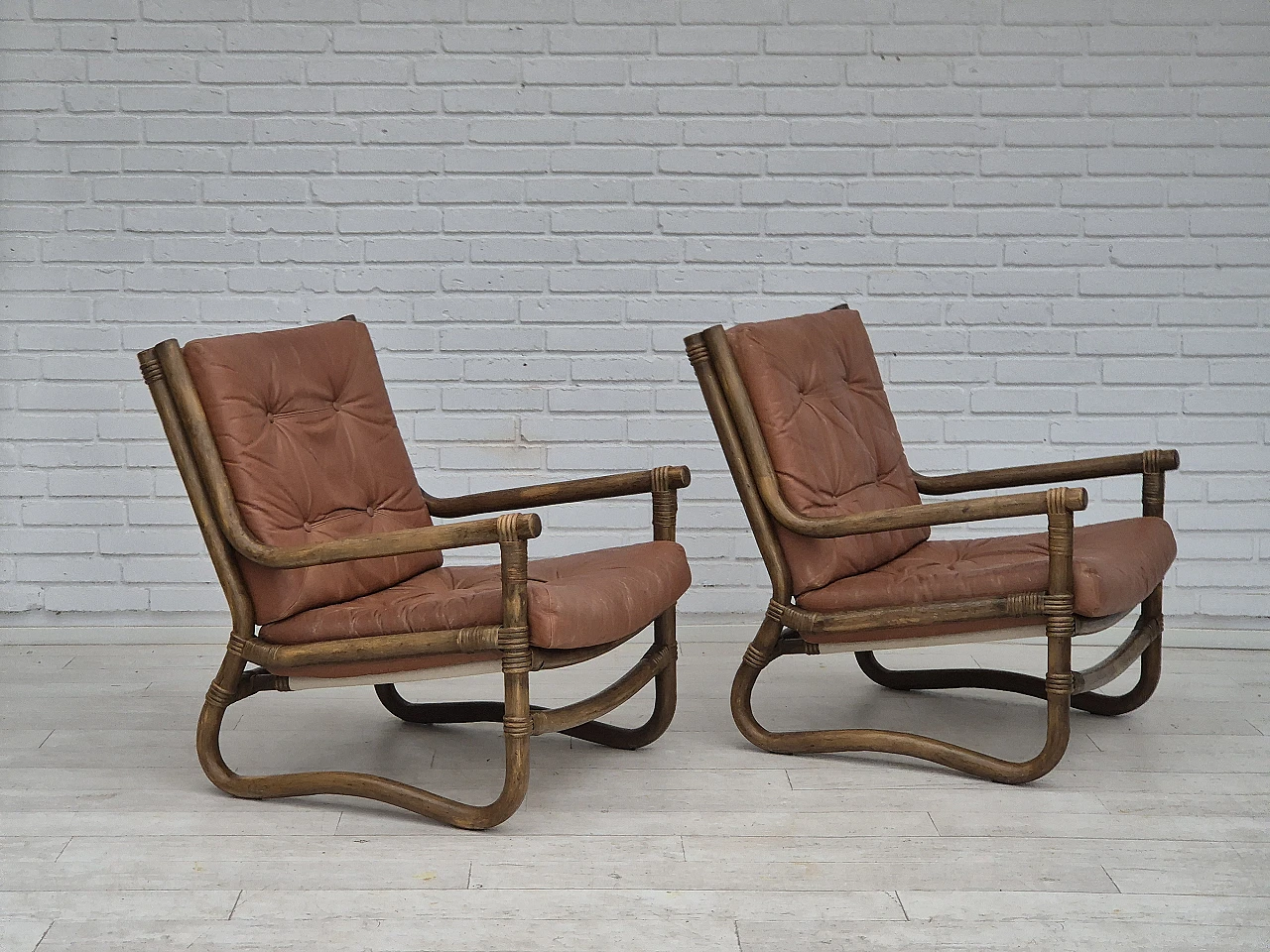 Scandinavian armchair in bamboo, leather, 1970s 18