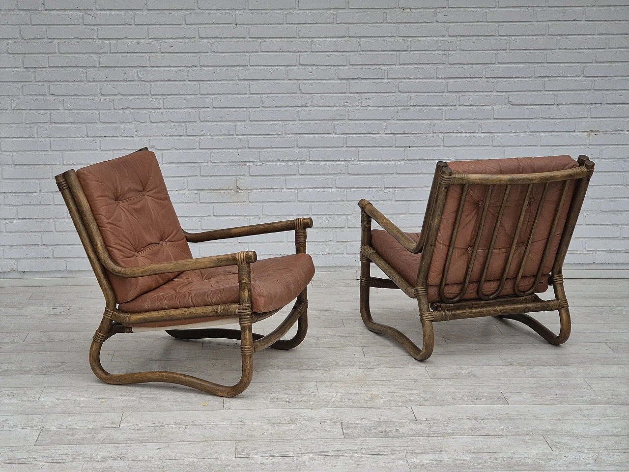 Scandinavian armchair in bamboo, leather, 1970s 19