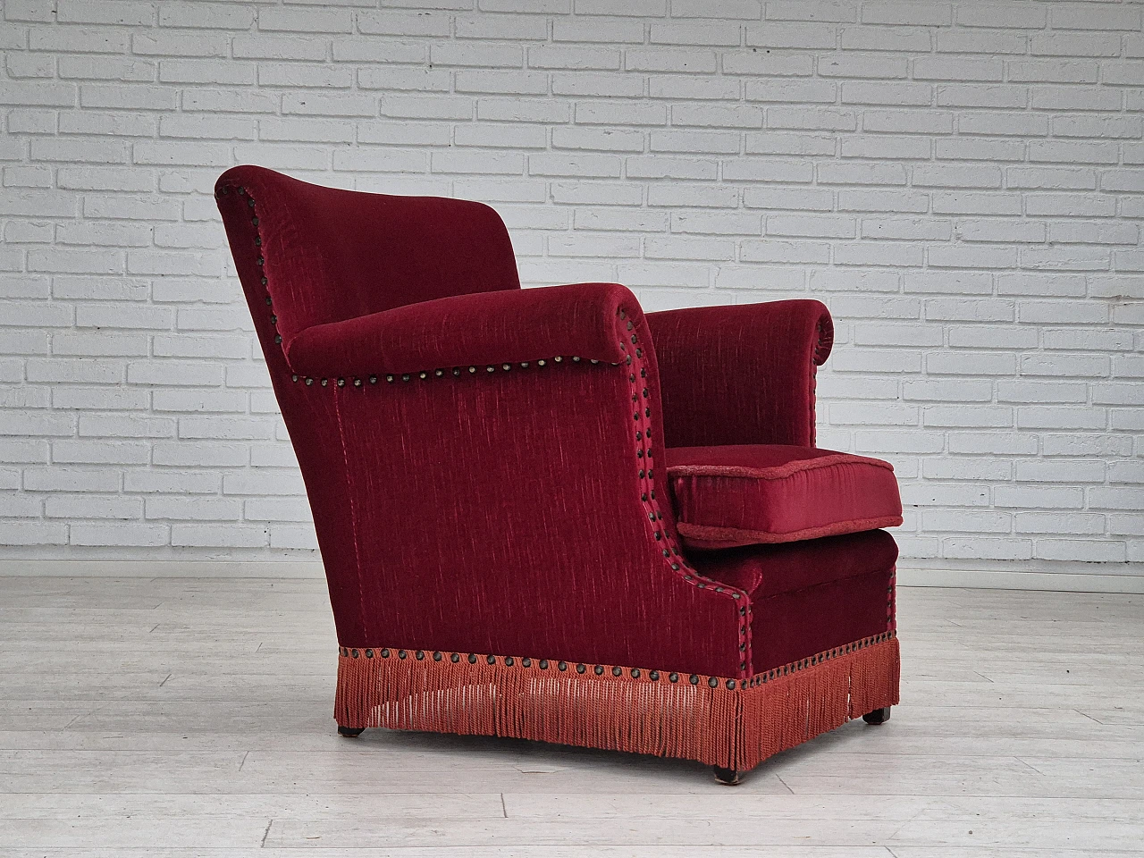 Danish lounge chair in red velour fabric, 1970s 1