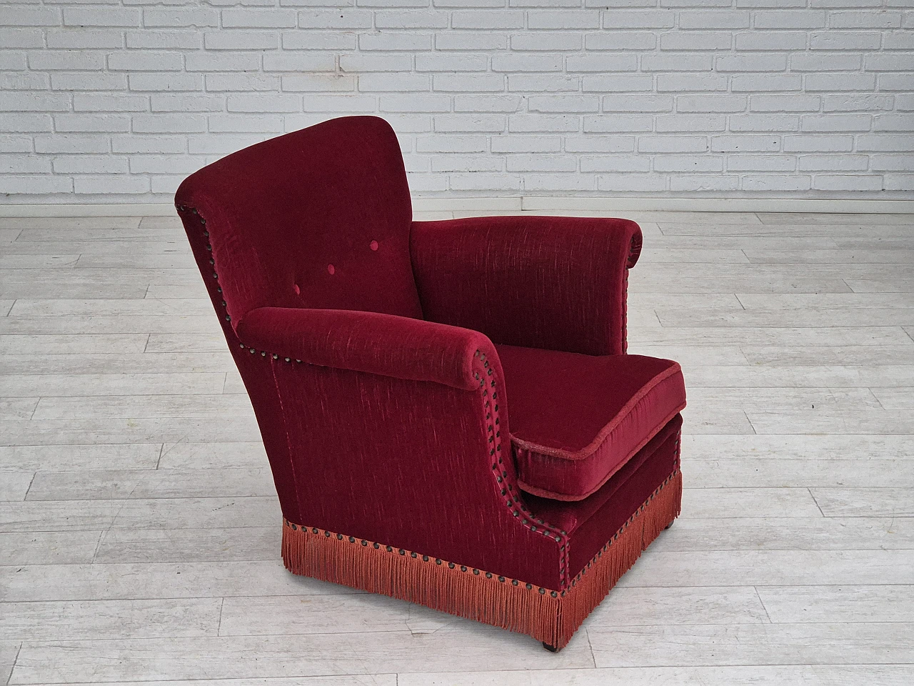 Danish lounge chair in red velour fabric, 1970s 2