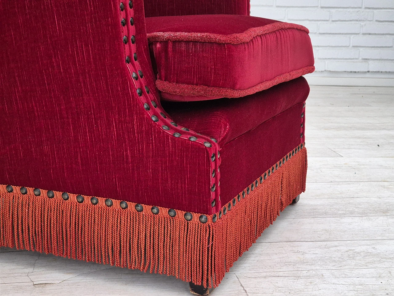 Danish lounge chair in red velour fabric, 1970s 3