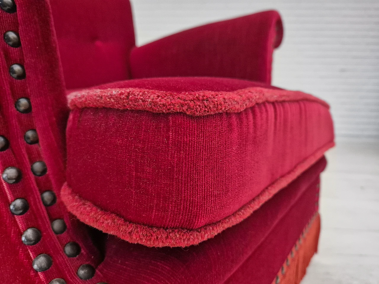 Danish lounge chair in red velour fabric, 1970s 5