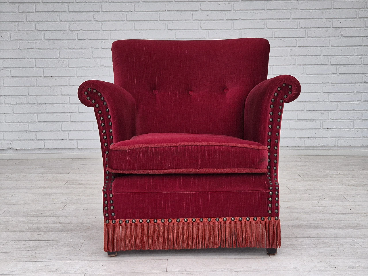 Danish lounge chair in red velour fabric, 1970s 7