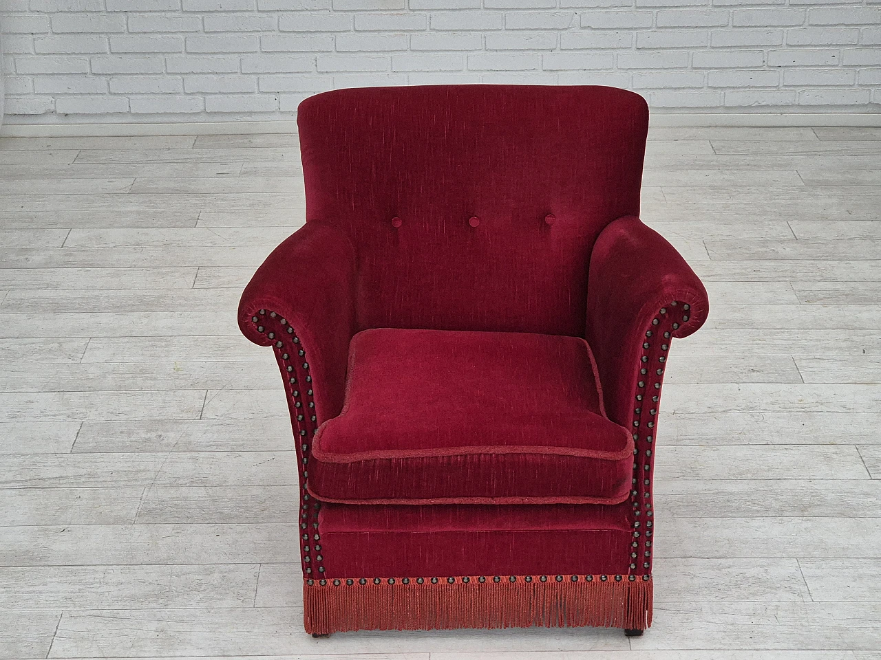 Danish lounge chair in red velour fabric, 1970s 8