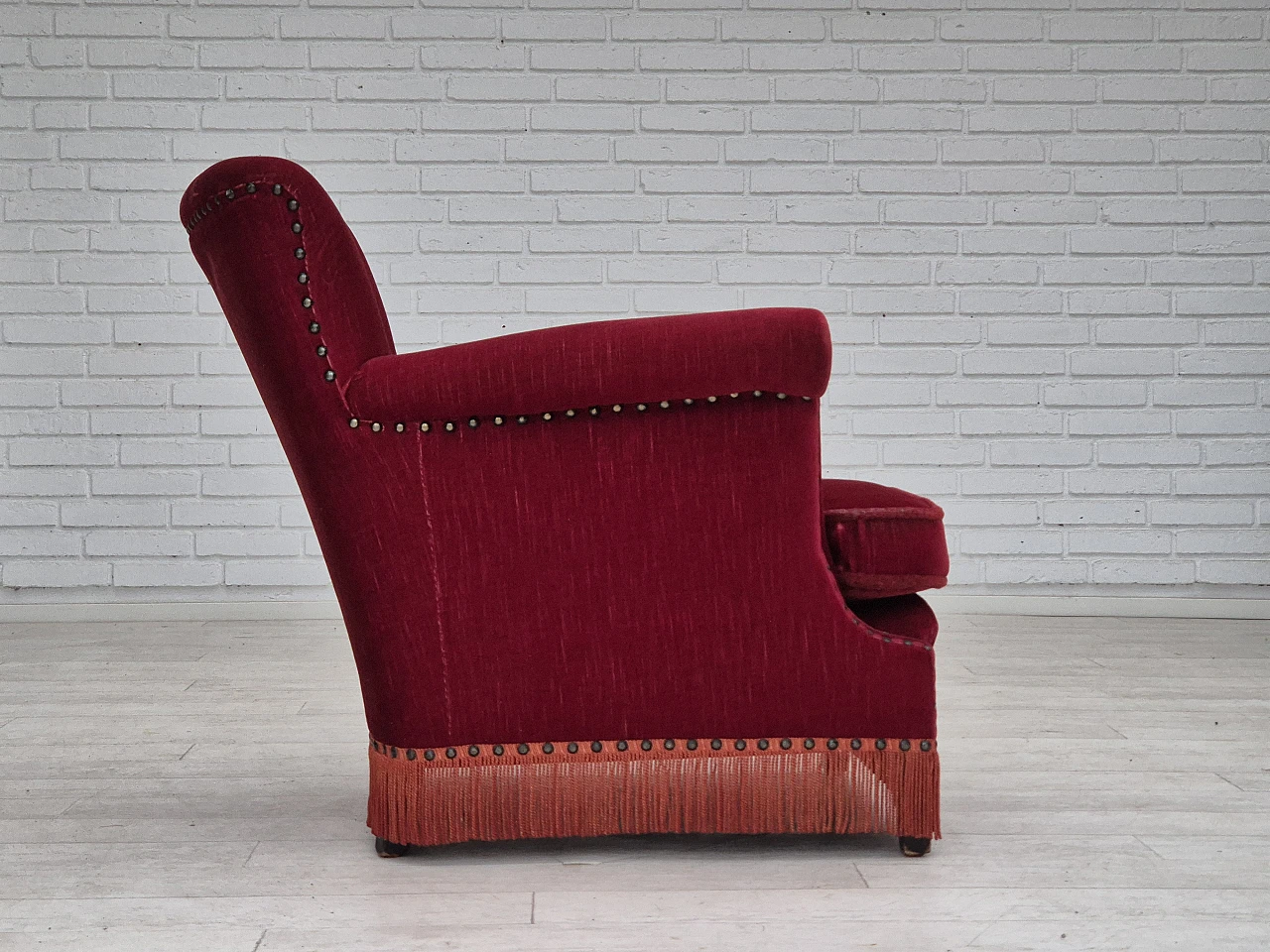 Danish lounge chair in red velour fabric, 1970s 10