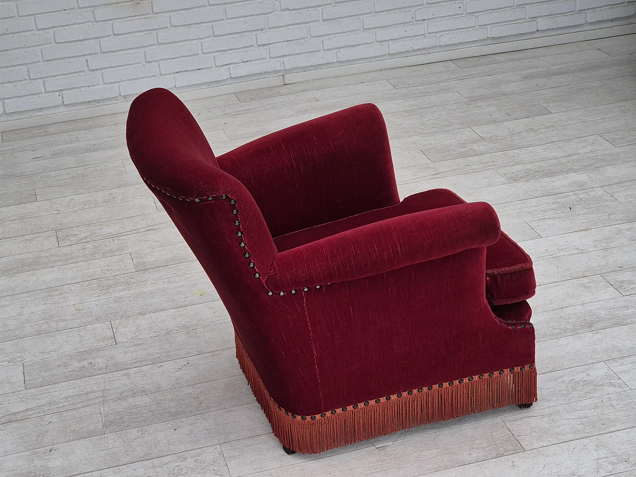 Danish lounge chair in red velour fabric, 1970s 11