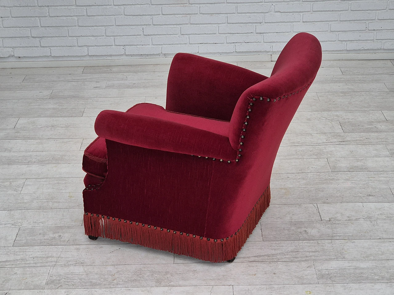 Danish lounge chair in red velour fabric, 1970s 13