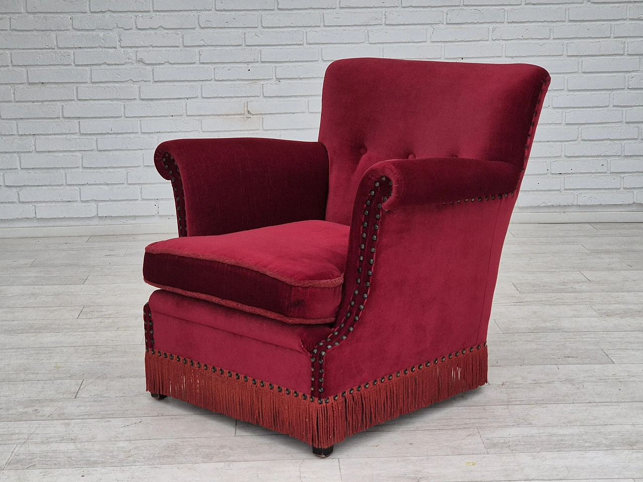 Danish lounge chair in red velour fabric, 1970s 15