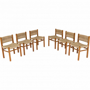 6 Chairs in ash wood and straw, 1960s