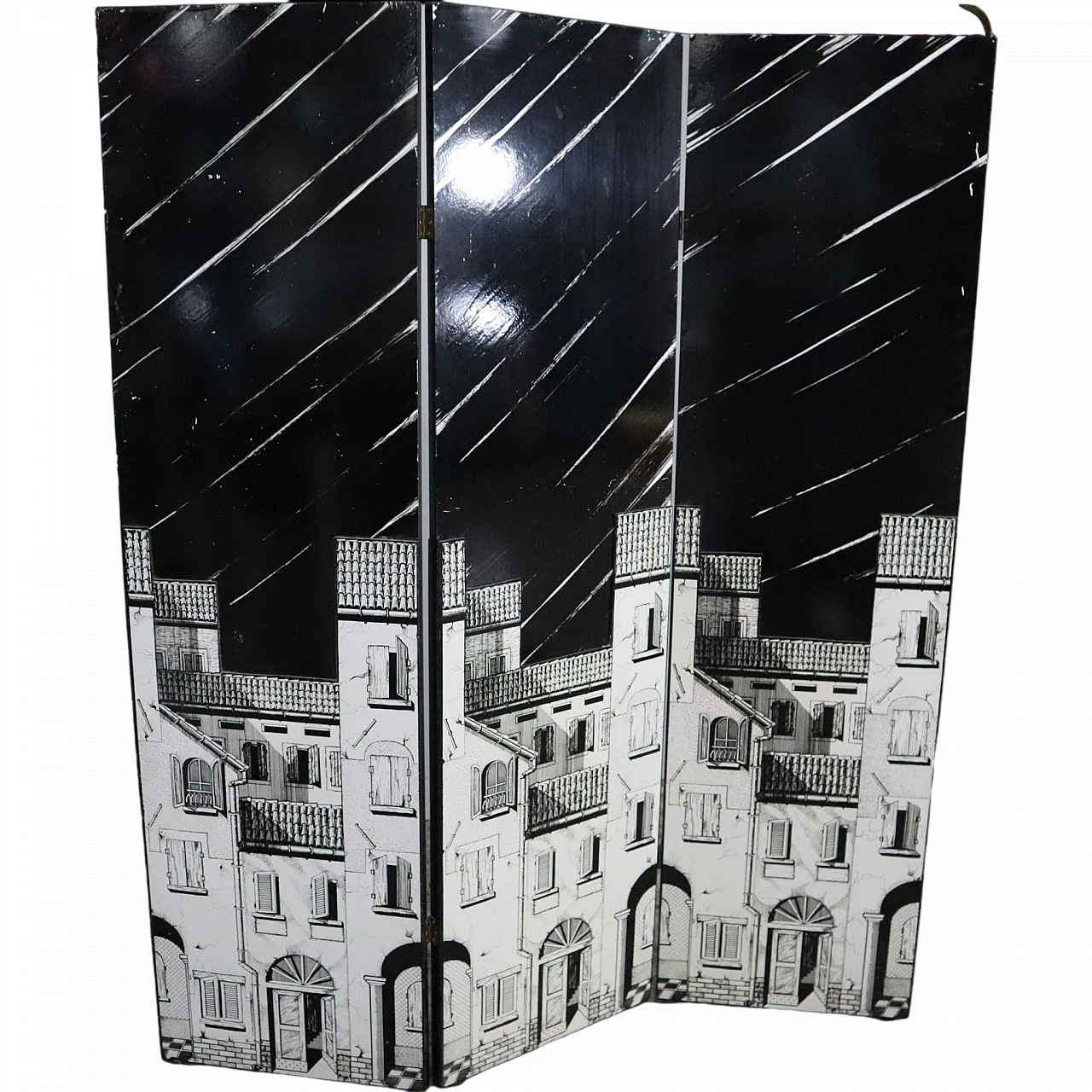 Fornasetti style double-sided screen with relief designs by Siso, 70s 7