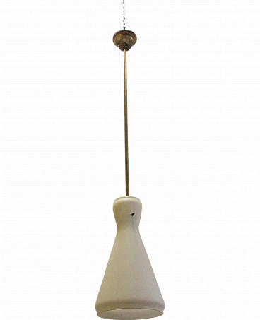 Stilnovo brass and opaline glass chandelier, 1950s