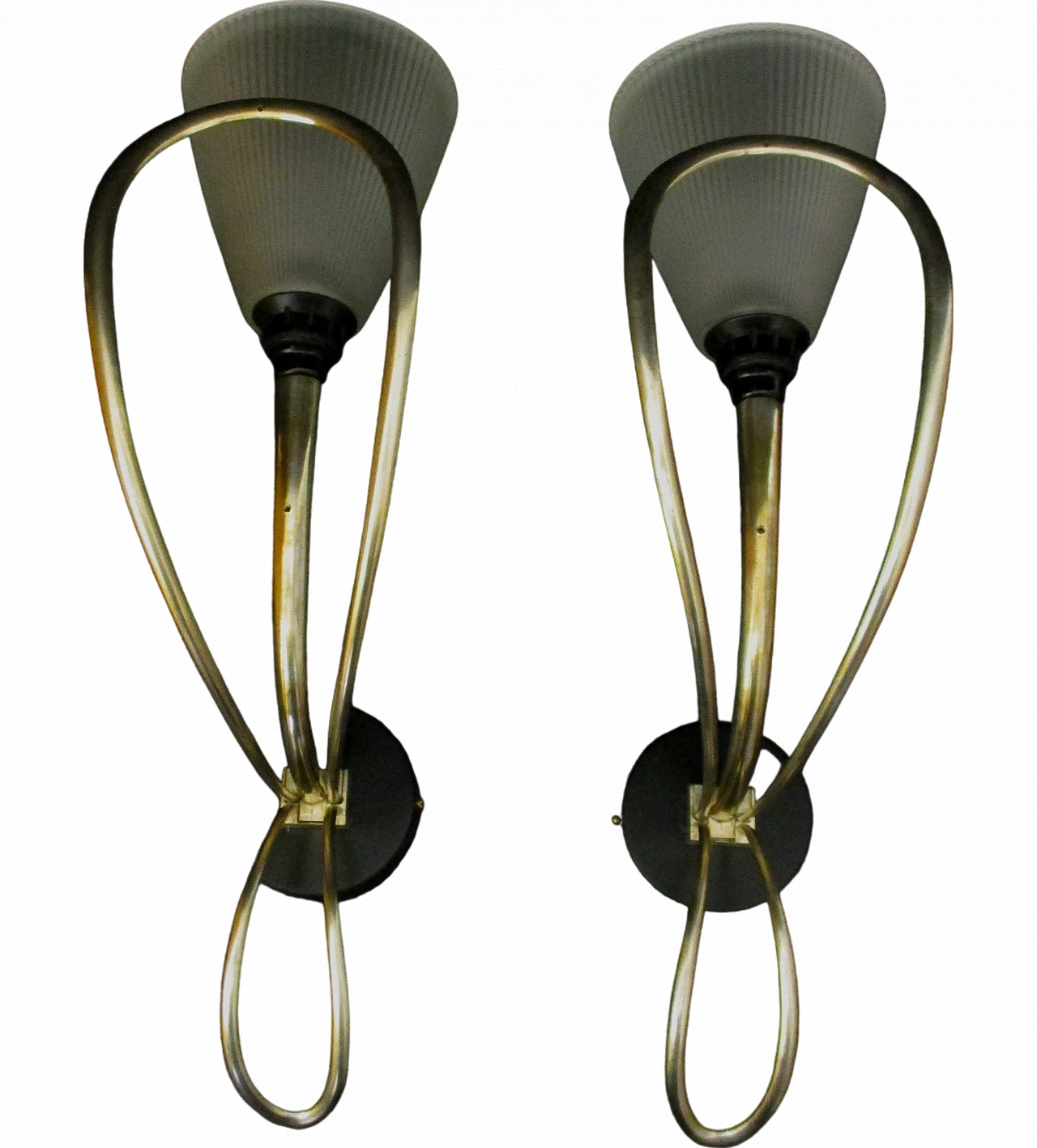 Pair of Angelo Mangiarotti wall lights in brass and glass,1970s 6