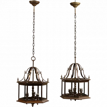 Pair of lanterns in sheet metal and glass, late 20th century