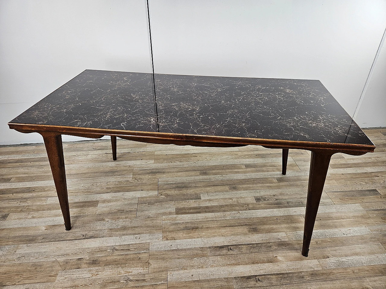 1960s table in beech with marble effect glass top 1