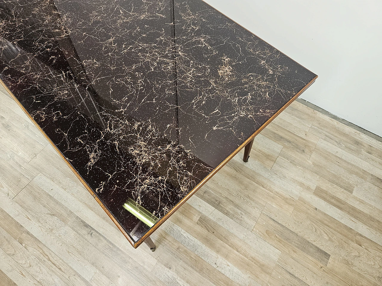 1960s table in beech with marble effect glass top 3