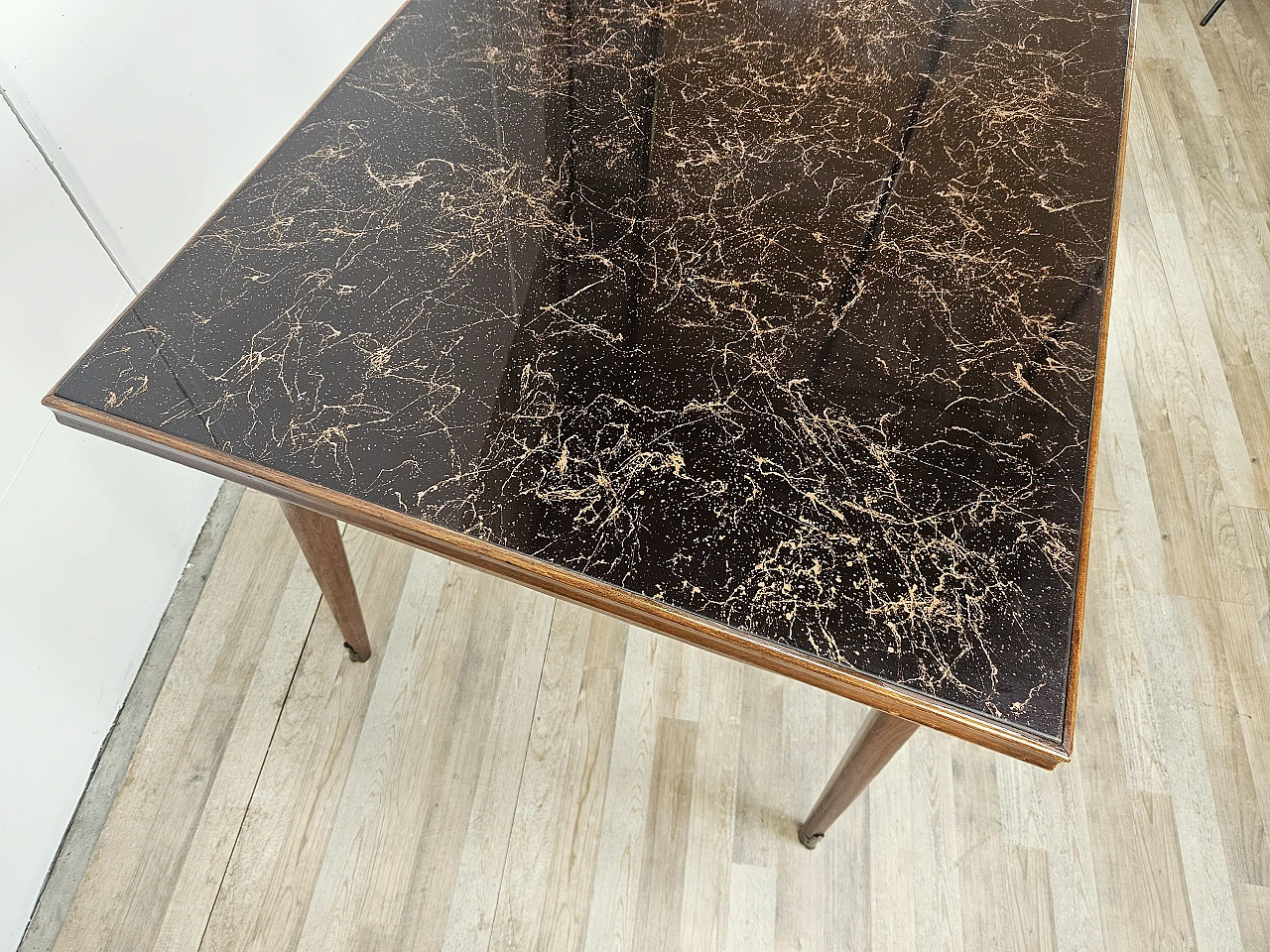 1960s table in beech with marble effect glass top 5