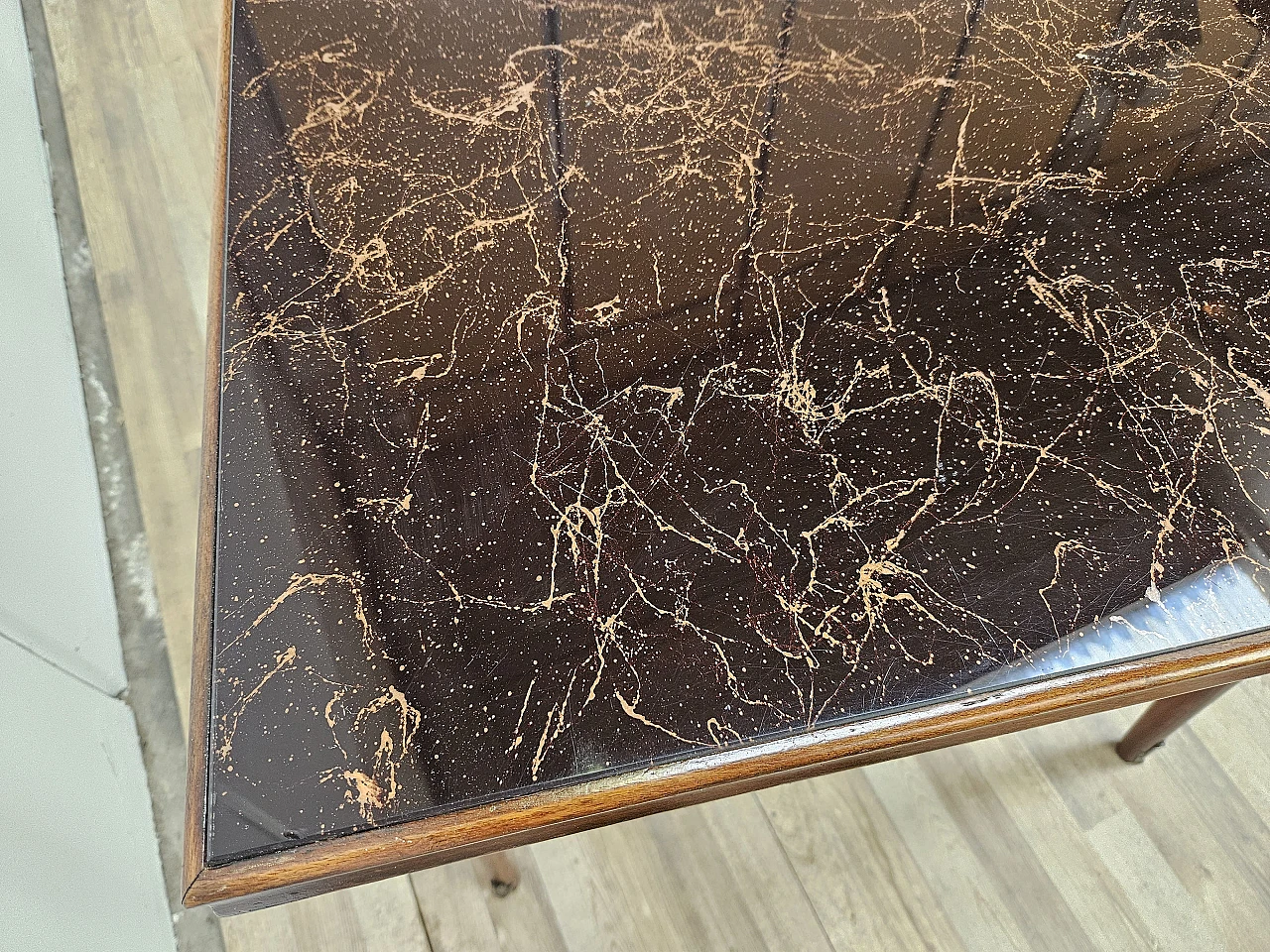 1960s table in beech with marble effect glass top 6