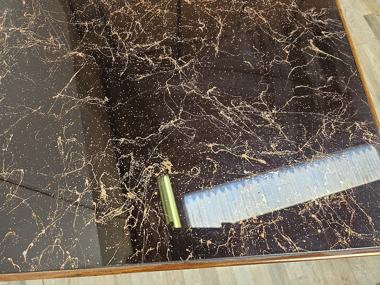 1960s table in beech with marble effect glass top 7