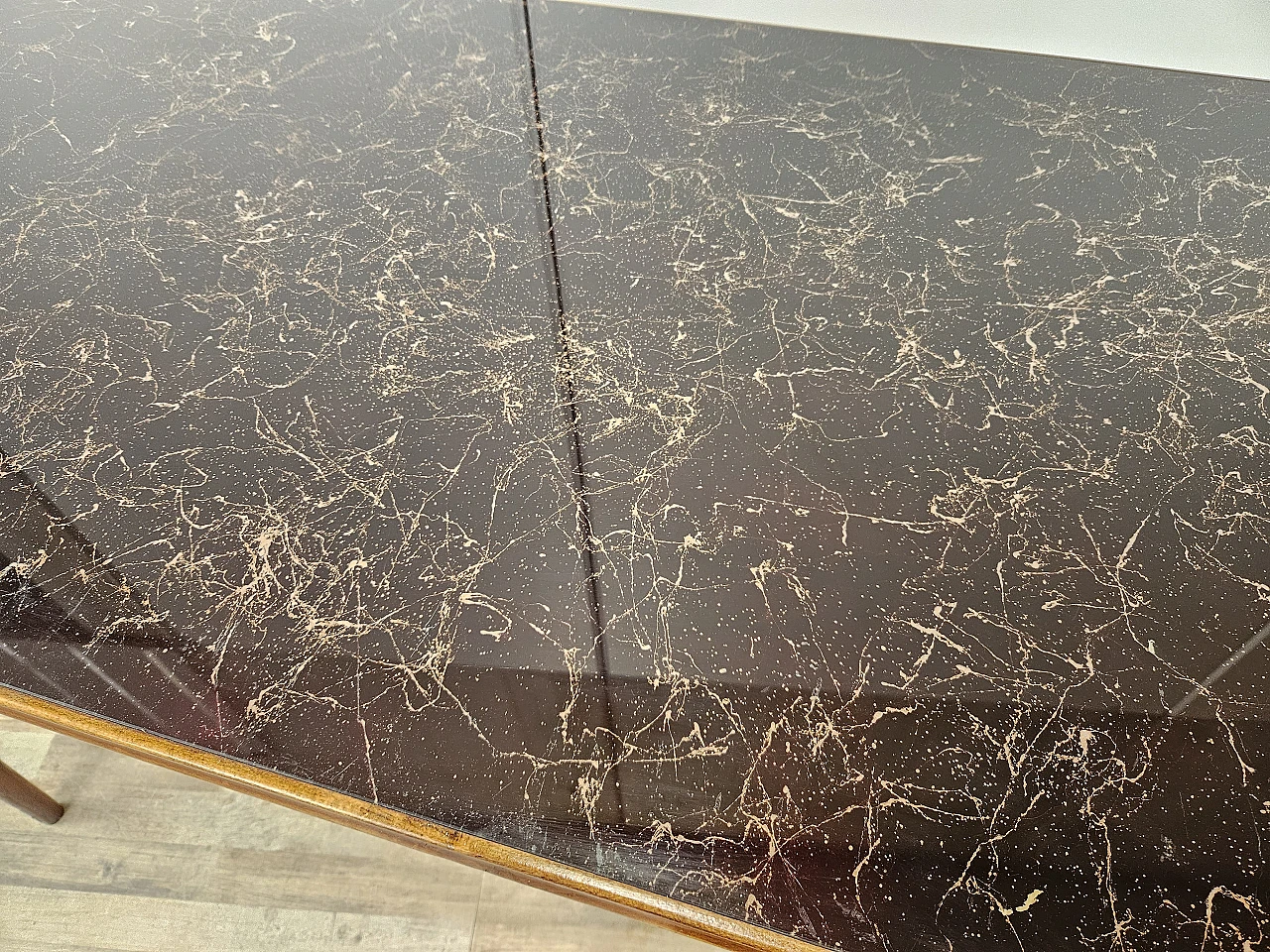 1960s table in beech with marble effect glass top 9