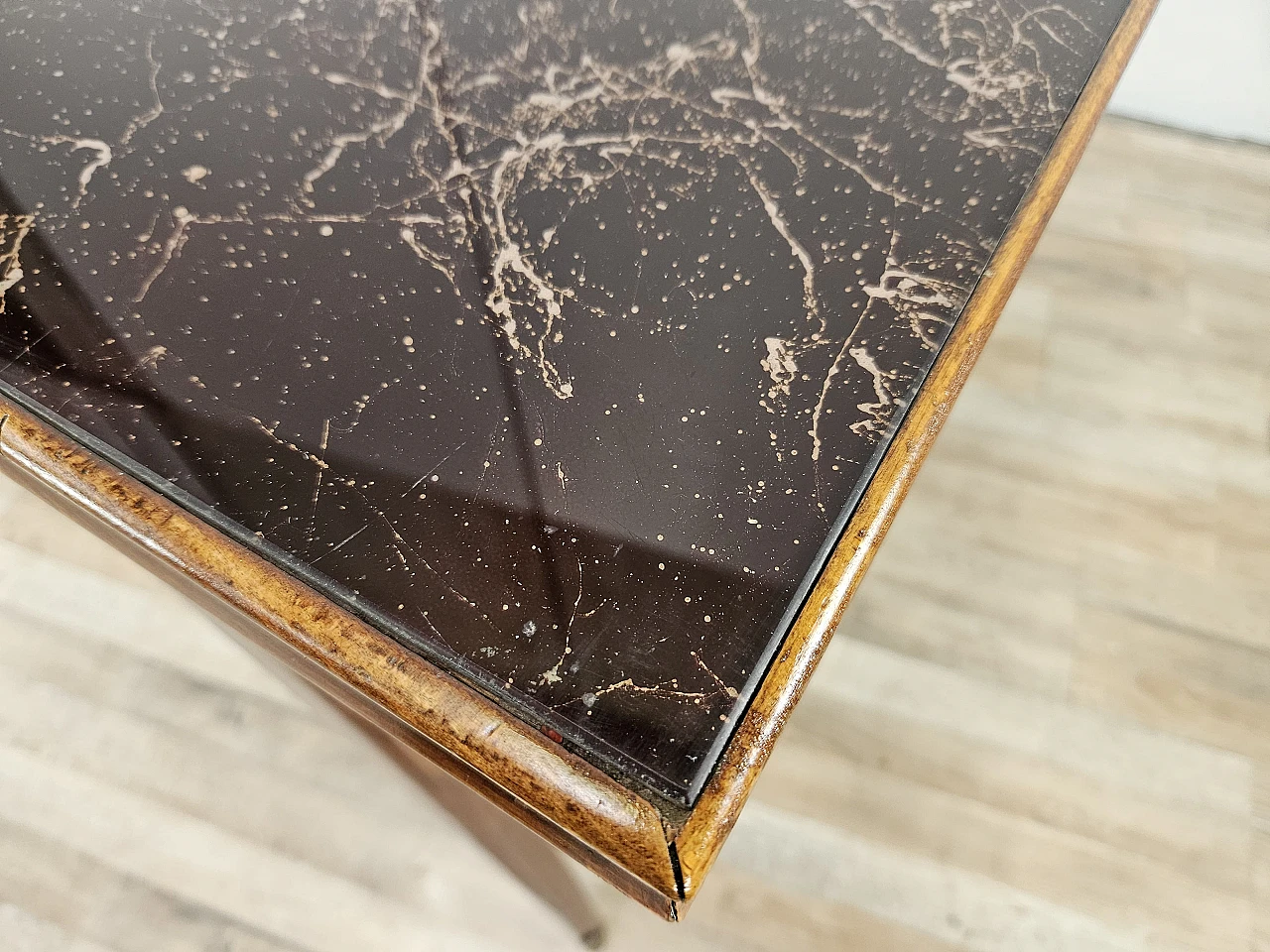 1960s table in beech with marble effect glass top 10