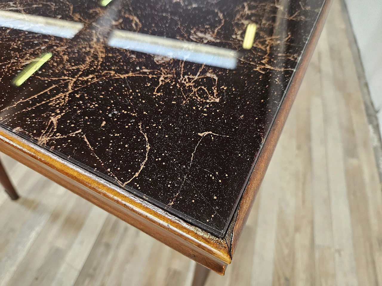 1960s table in beech with marble effect glass top 11