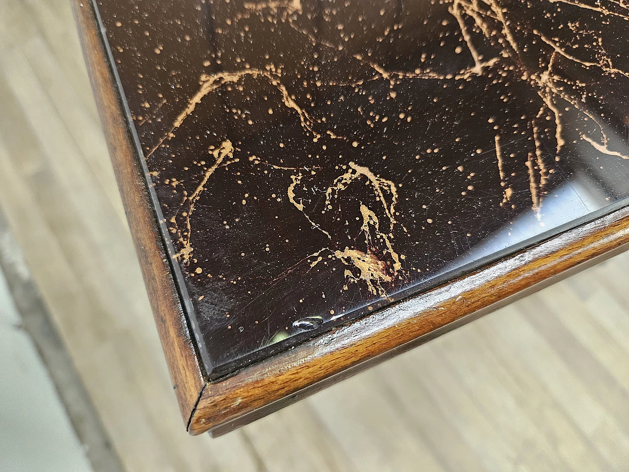 1960s table in beech with marble effect glass top 12