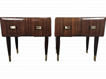 Mid Century bedside tables in mahogany, brass and glass