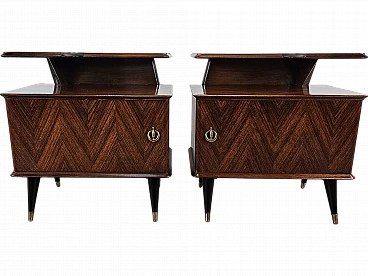 Pair of bedside tables in mahogany and brass, 1960