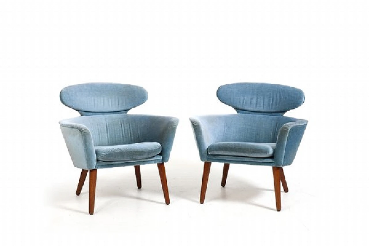 Pair of armchairs in teak and mohair, 1950s 1