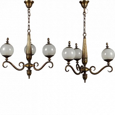 Pair of glass and brass chandeliers, 1950s