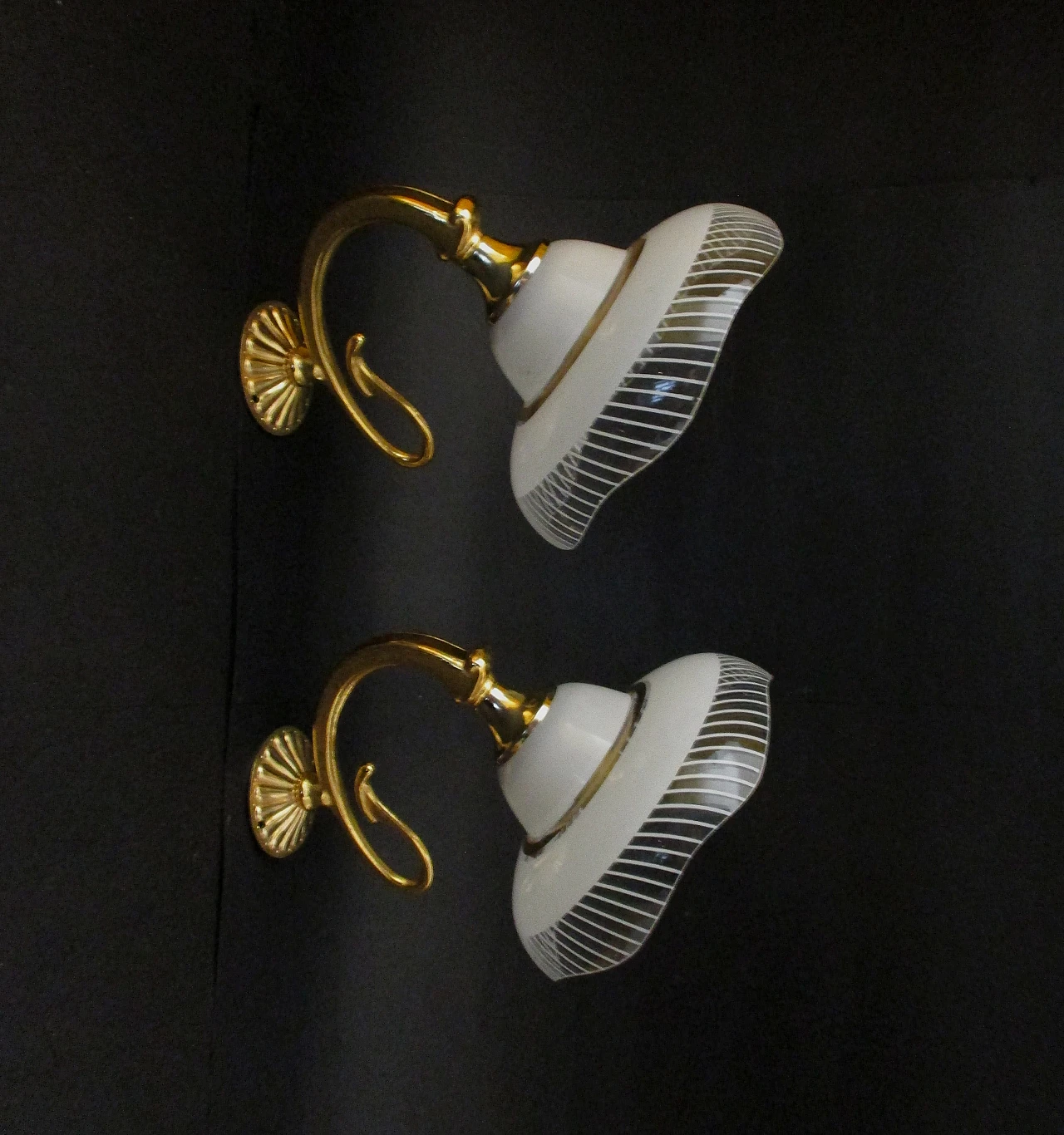 Pair of designer wall lights in brass and glass from the 1960s 1