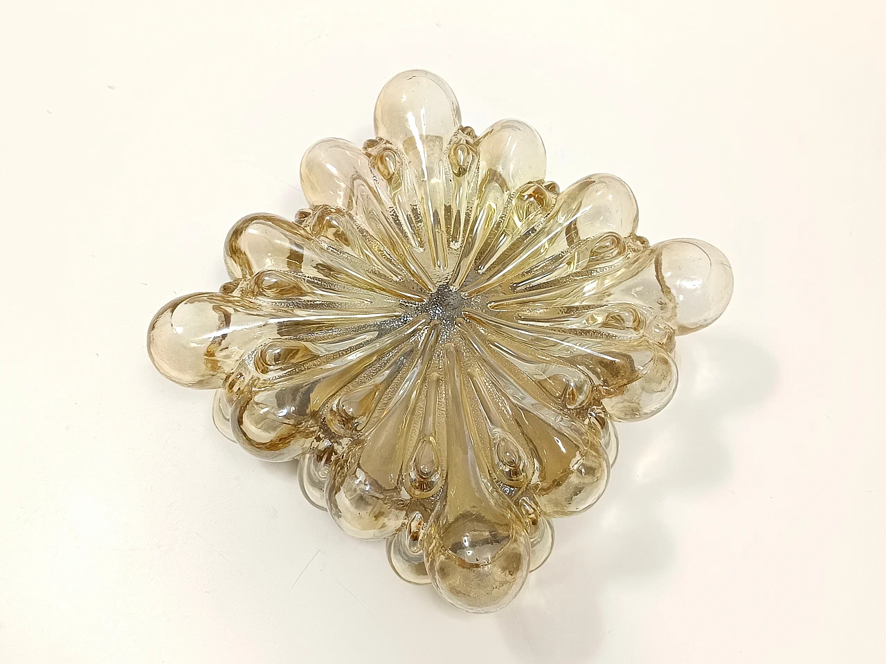 Amber Glass and Gold Varnished Metal Ceiling Light by Helena Tynell 1