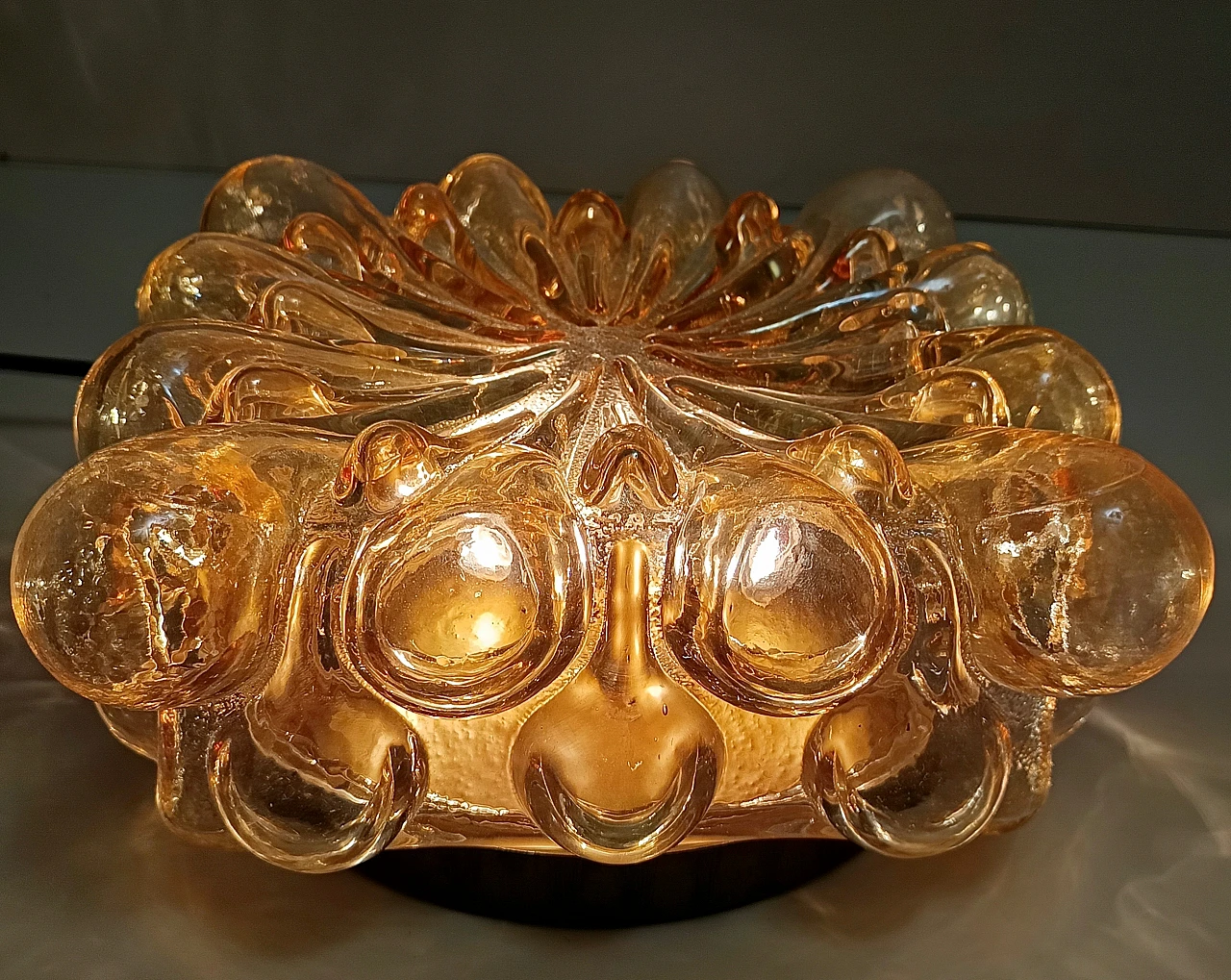 Amber Glass and Gold Varnished Metal Ceiling Light by Helena Tynell 4