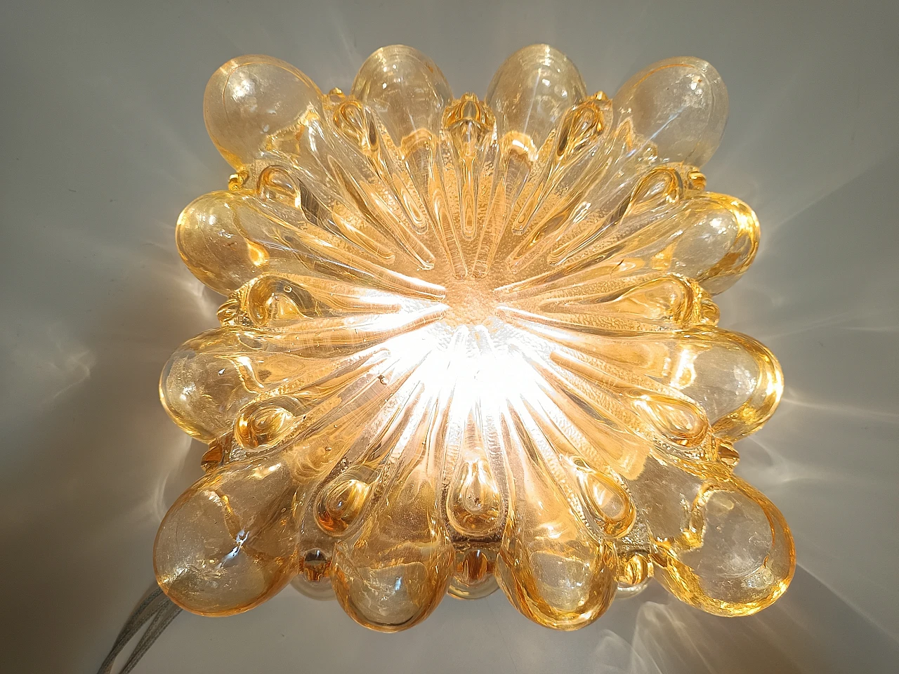 Amber Glass and Gold Varnished Metal Ceiling Light by Helena Tynell 5