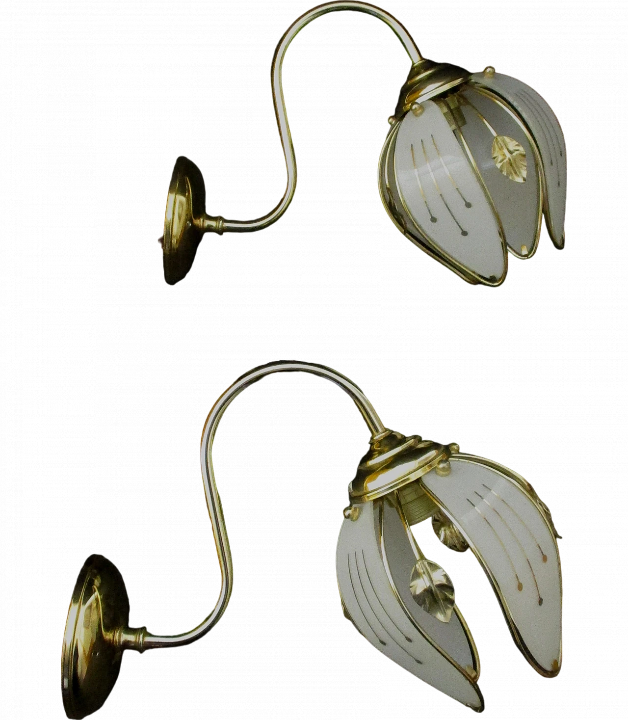 Pair of designer wall lights in brass and glass from the 1960s 6