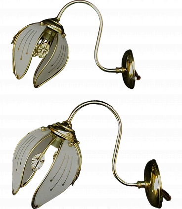 Pair of designer wall lights in brass and glass from the 1960s