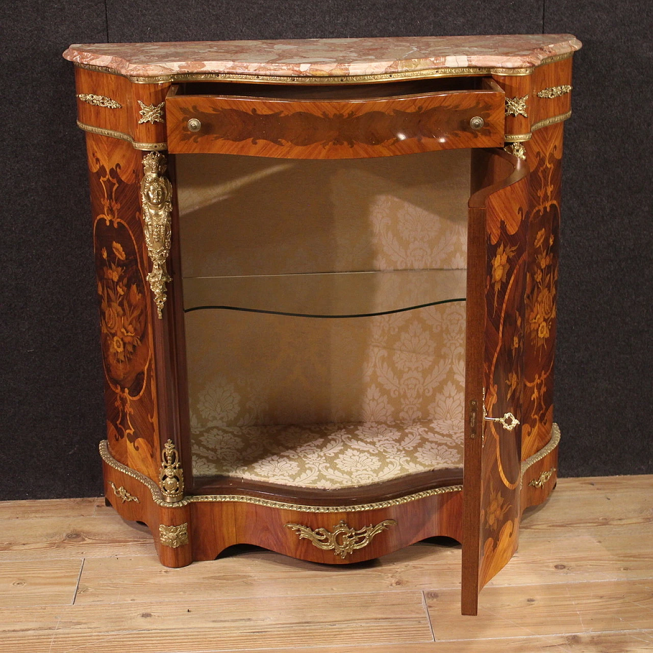 Credenza francese in legno intarsiato a bronzo dorato, ‘900 3