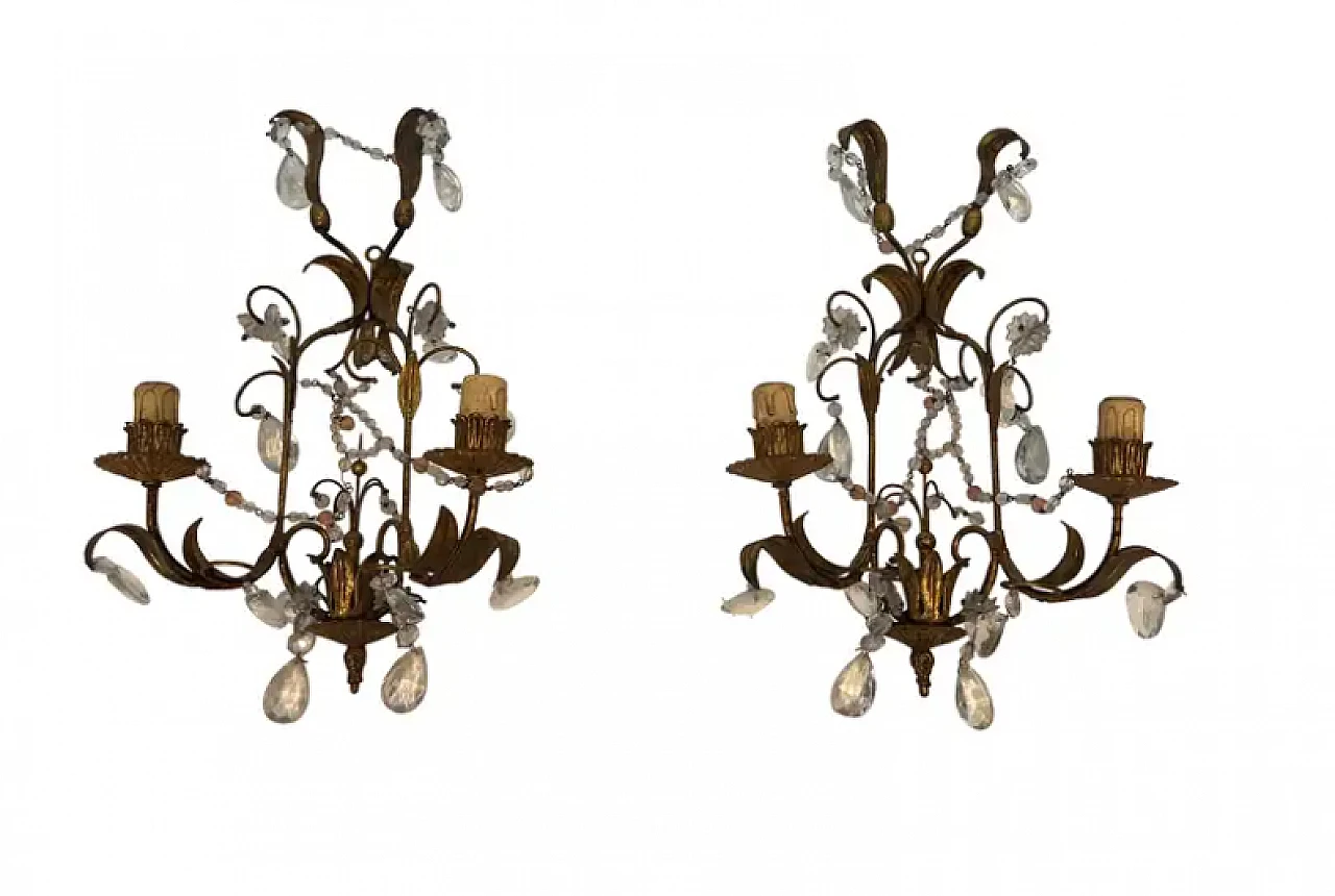 Pair of metal and crystal wall sconces, 1940s 1