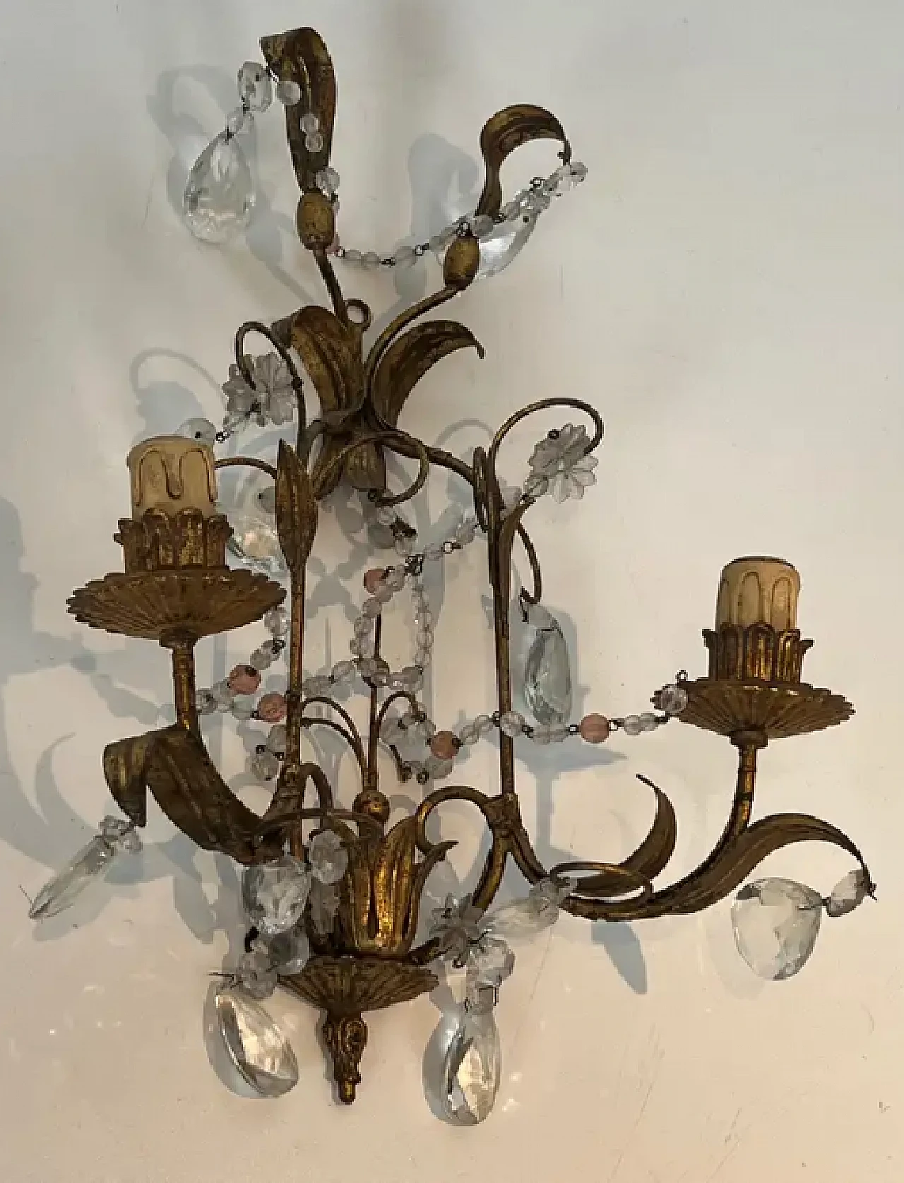 Pair of metal and crystal wall sconces, 1940s 3