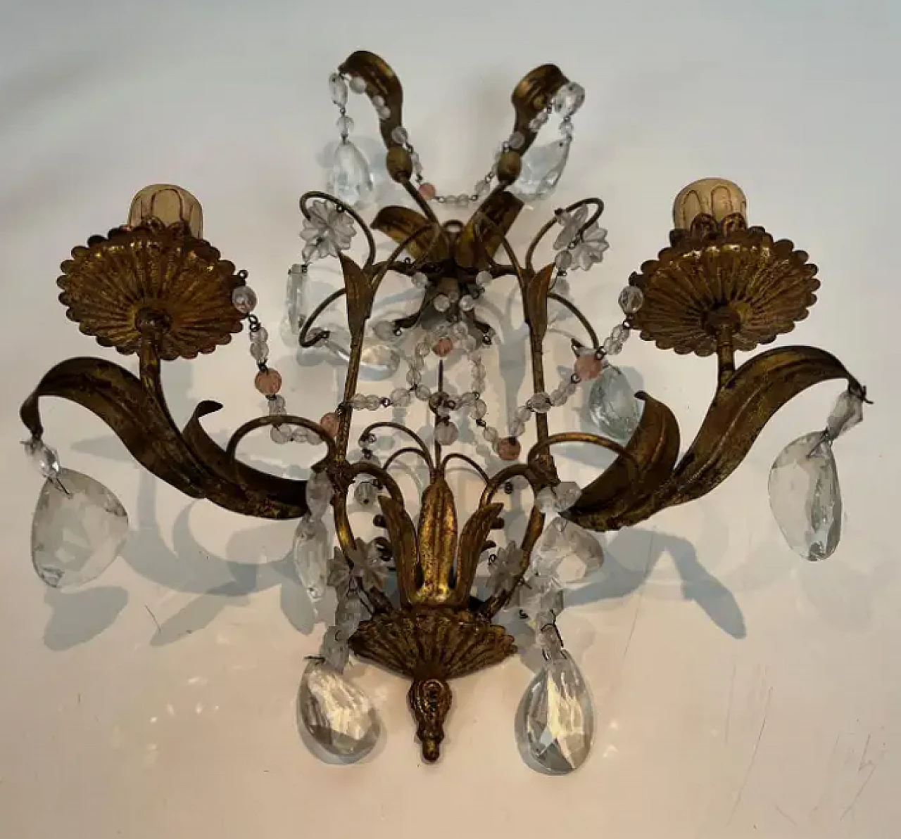 Pair of metal and crystal wall sconces, 1940s 4