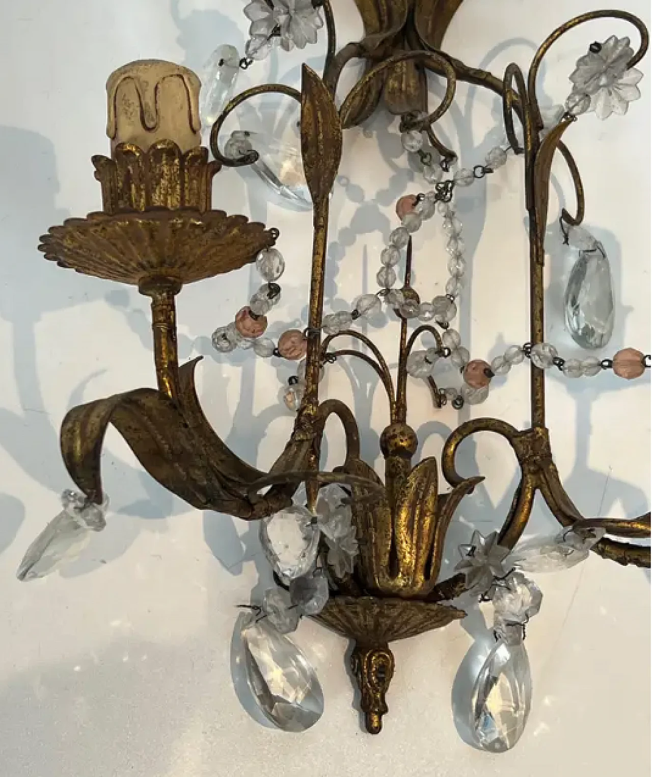 Pair of metal and crystal wall sconces, 1940s 5