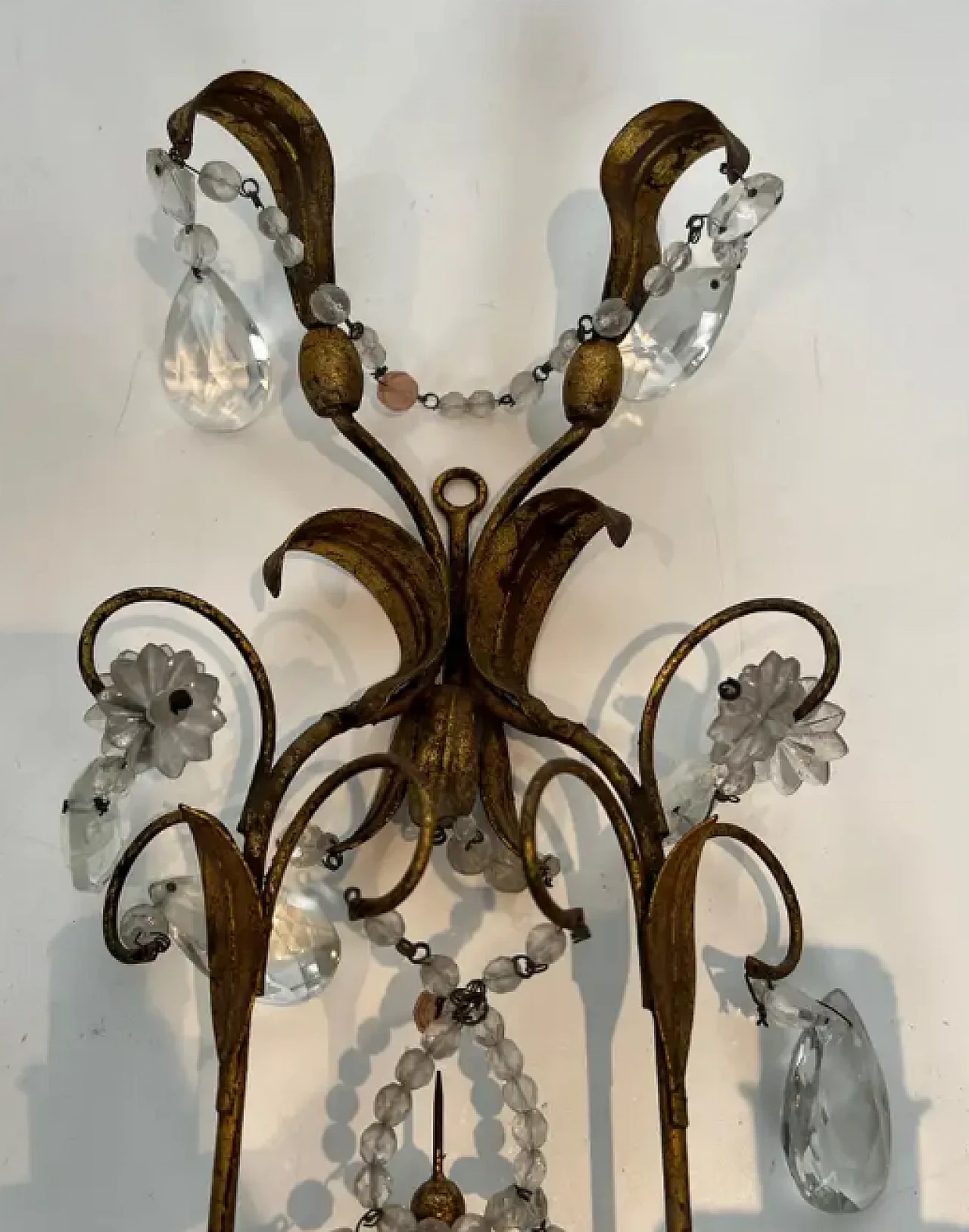 Pair of metal and crystal wall sconces, 1940s 6