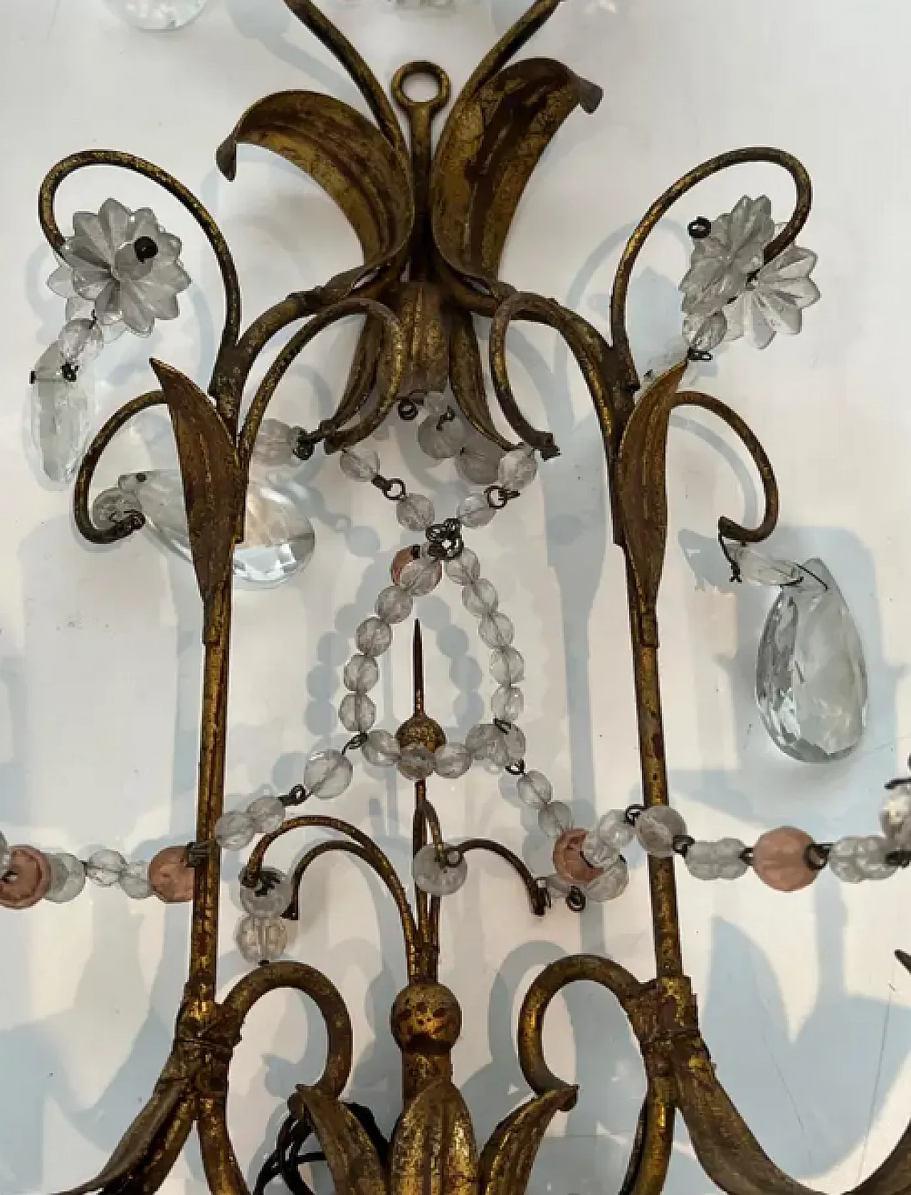 Pair of metal and crystal wall sconces, 1940s 7