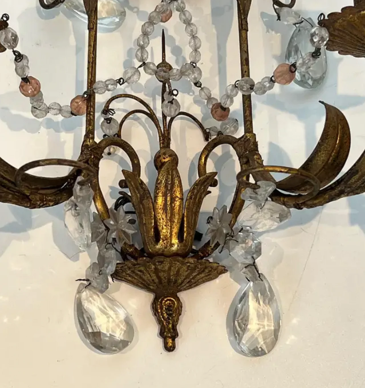 Pair of metal and crystal wall sconces, 1940s 8