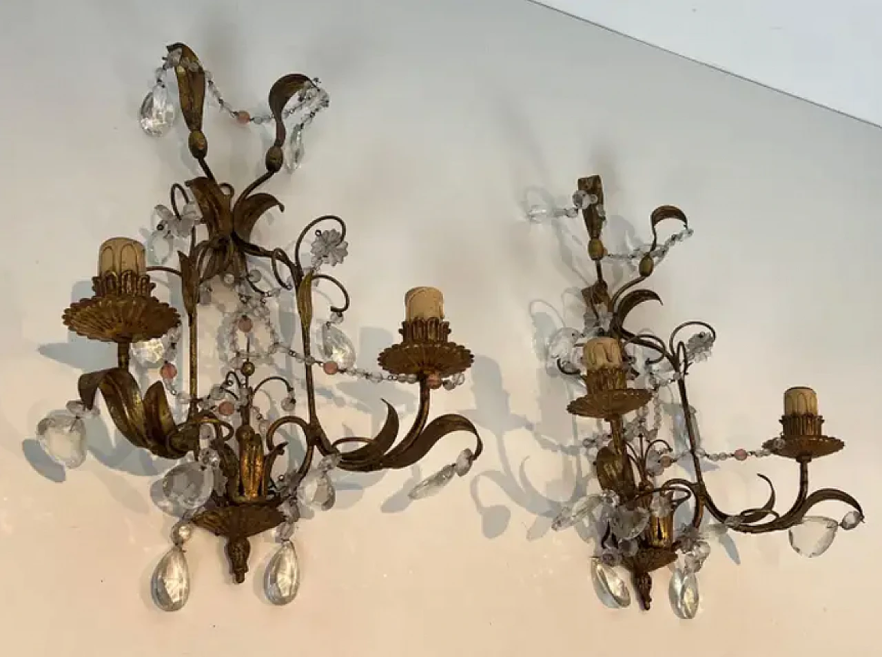 Pair of metal and crystal wall sconces, 1940s 9