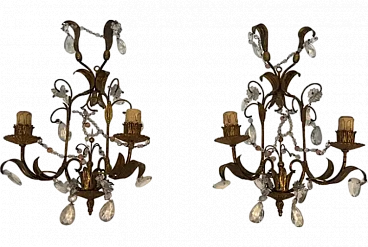 Pair of metal and crystal wall sconces, 1940s