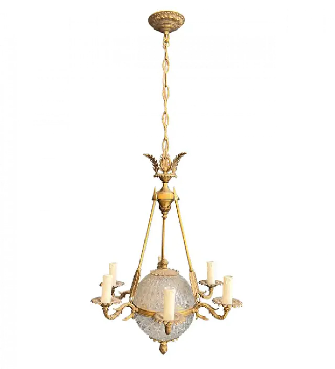 Empire-style balloon chandelier in bronze and crystal, 1940s 1