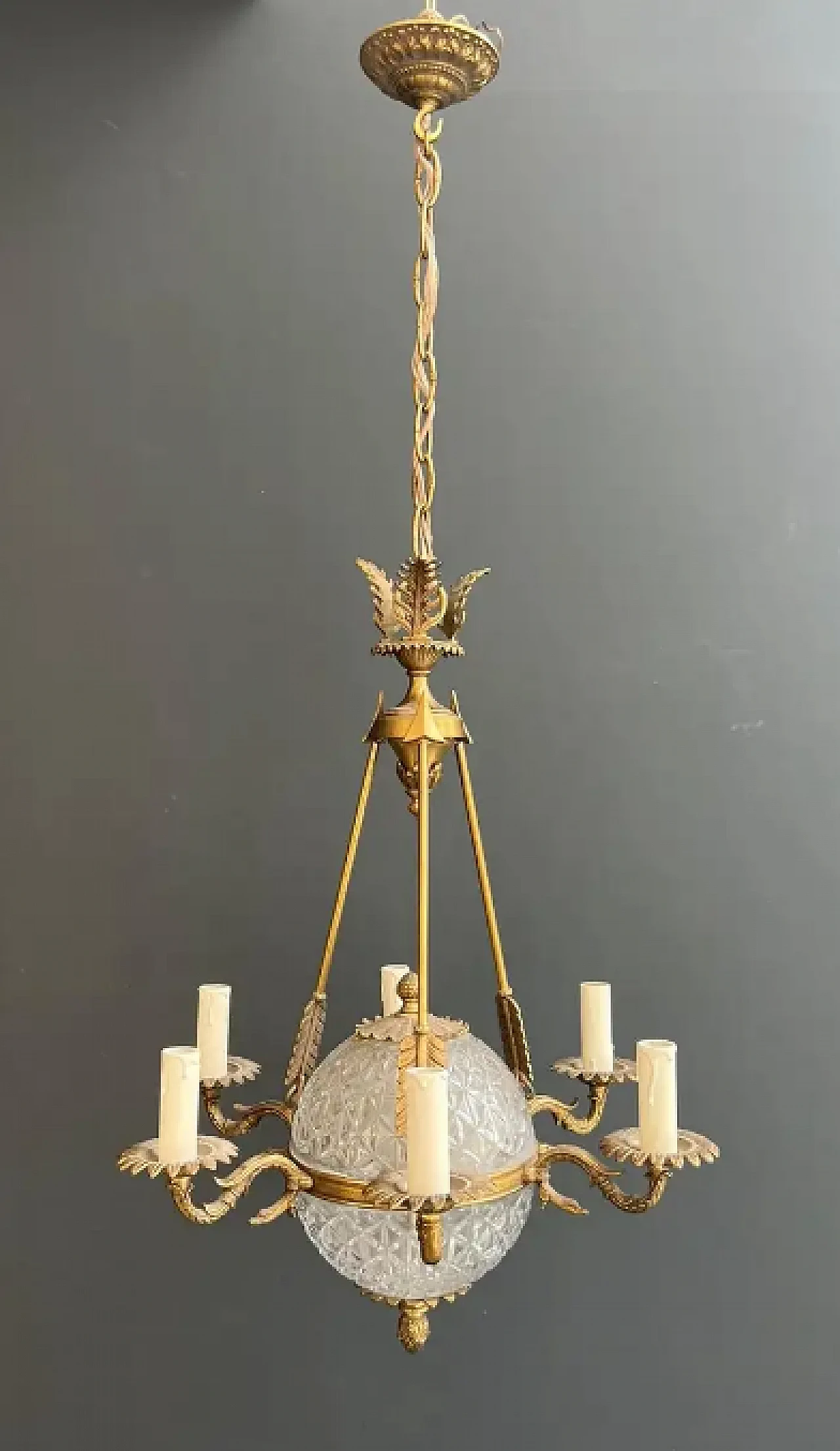 Empire-style balloon chandelier in bronze and crystal, 1940s 2