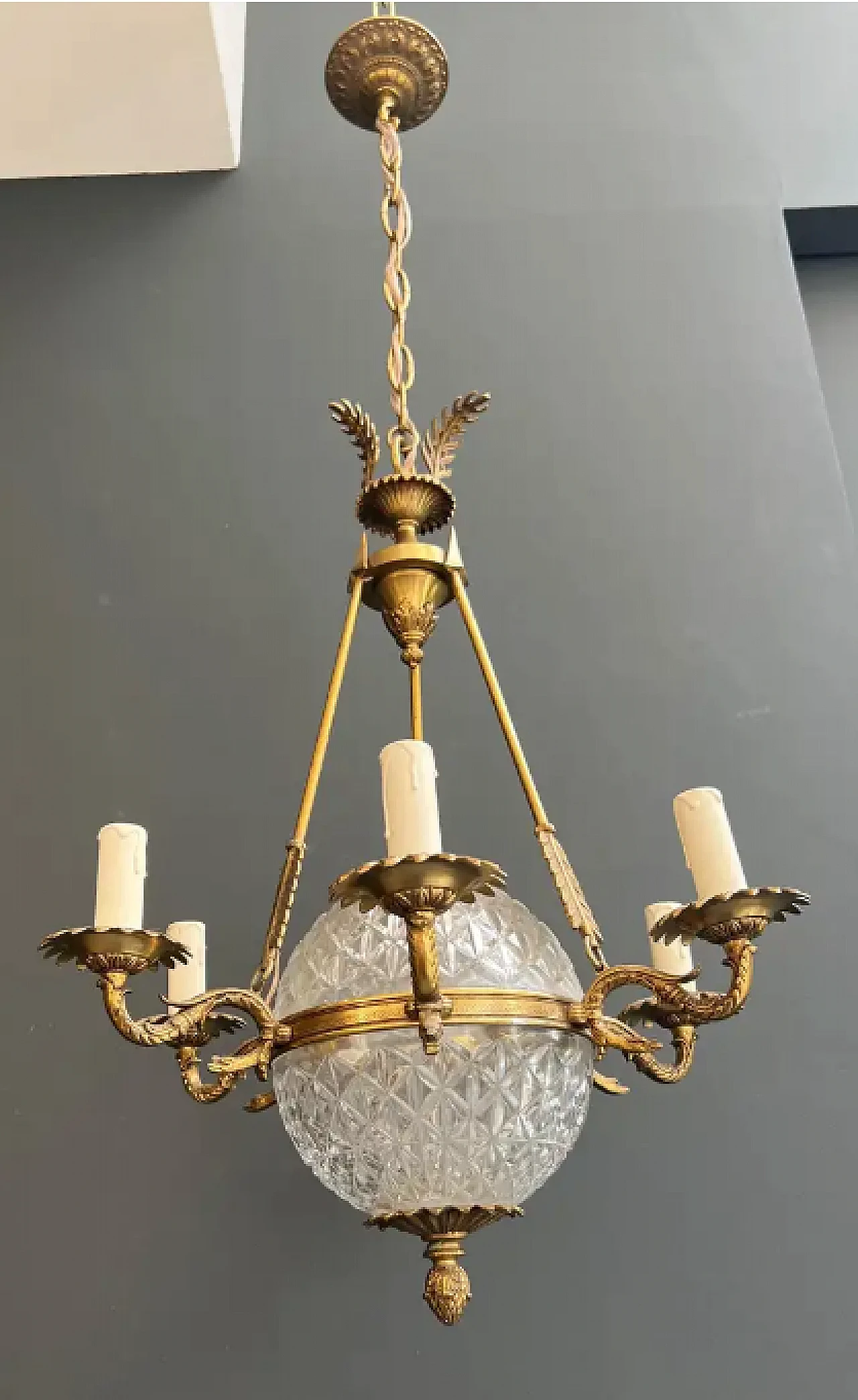 Empire-style balloon chandelier in bronze and crystal, 1940s 3