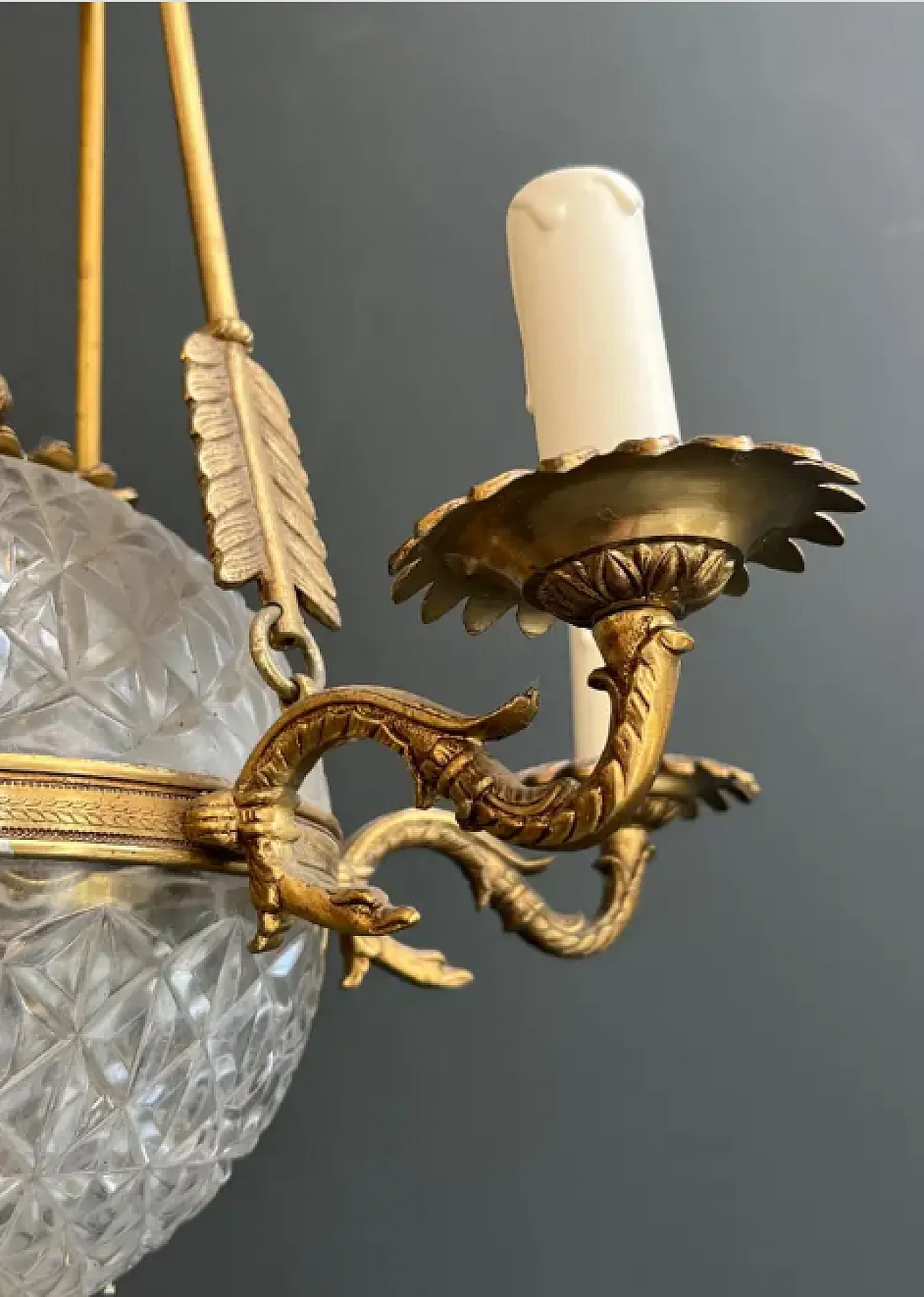 Empire-style balloon chandelier in bronze and crystal, 1940s 9